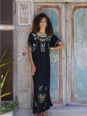Black Embroidered Floral Maxi Dress with Scoop Neck